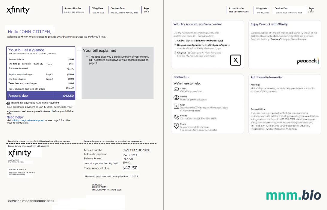 Szablon rachunku za media USA Xfinity w formatach Word i PDF, 3 strony, Wersja 4, 1-2 strony